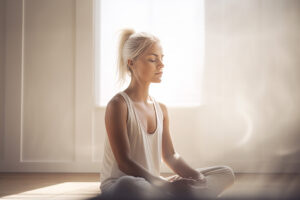 A woman practicing nutritional mindfulness in front of a window.